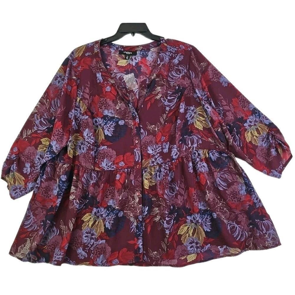 Chelsea Studio~Plus Size(26/28)2X~ Red/Brown Floral Button-Up Bloyse 3/4 Sleeve